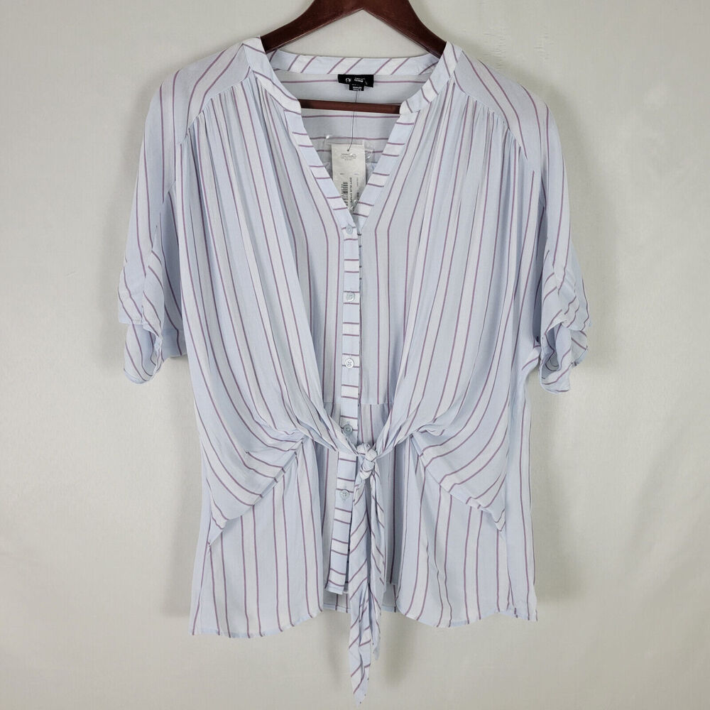 ANA Shirt Womens XS Top New Striped Front‎ Tie Short Sleeve Split Neck Button Up